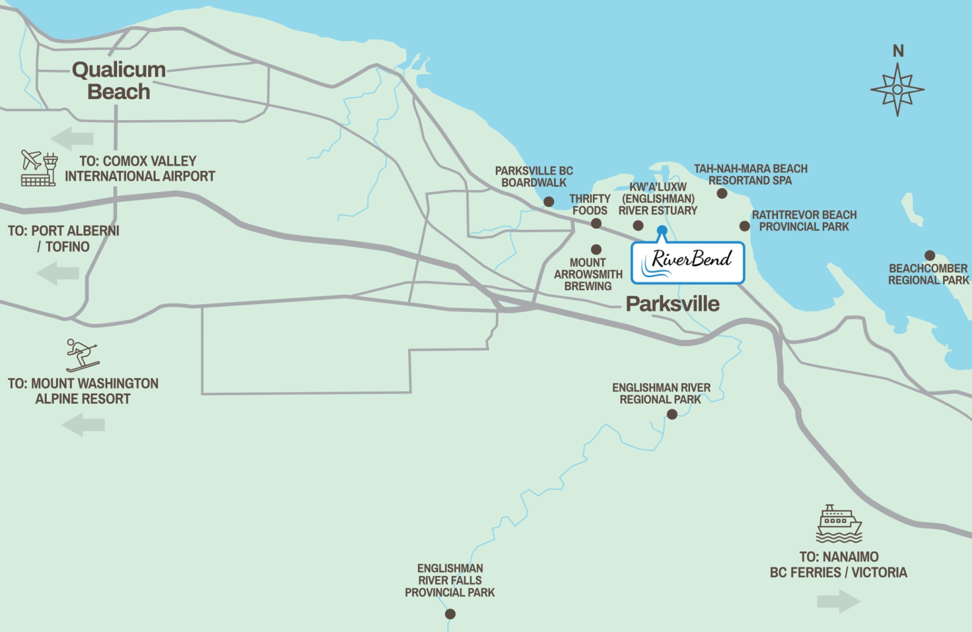 riverbend_area_map Map of area surrounding RiverBend with markers for nearby landmarks (Parksville, BC)
