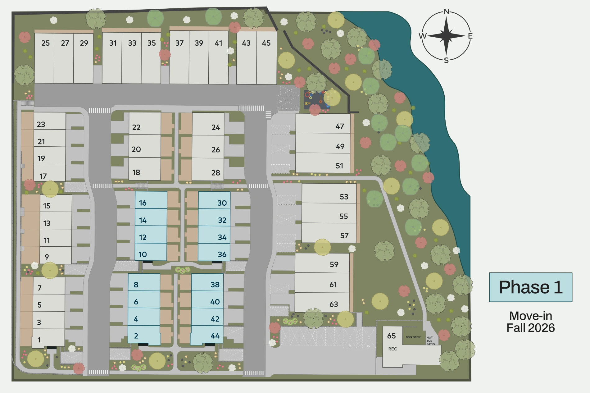 RiverBend birds eye view siteplan diagram, highlighting phase 1